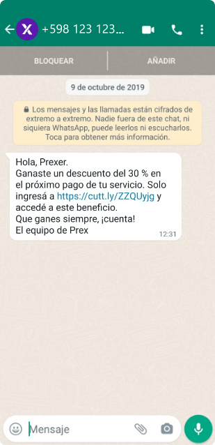 Captura de número de WhatsApp simulando ser una cuenta oficial de Prex